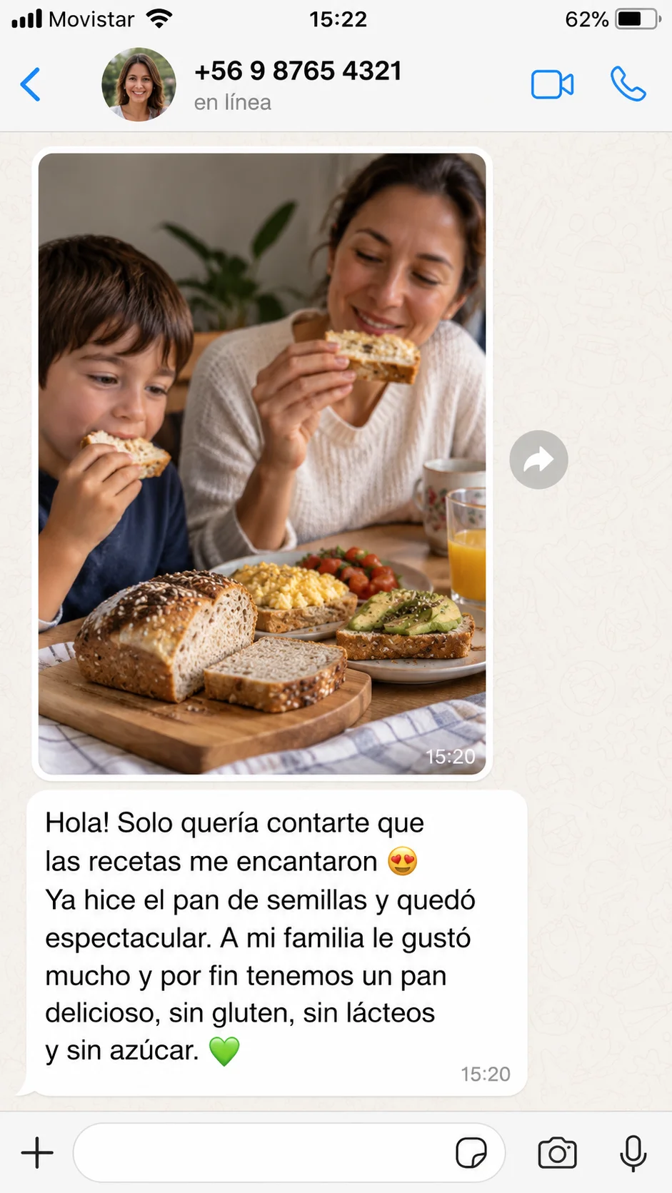 Testimonio de WhatsApp: hice el pan de semillas y a mi familia le gustó mucho